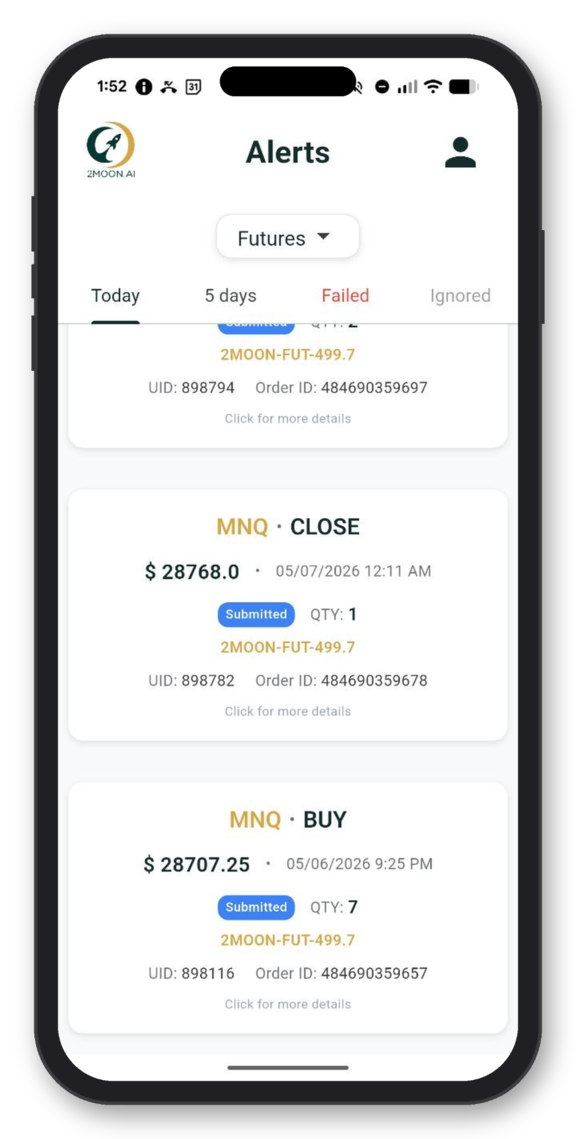 2MOON.AI mobile alert showing futures order confirmations for MNQ